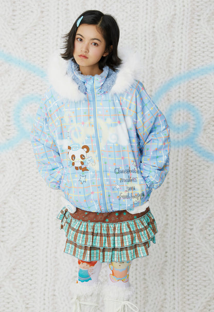 frufru - Kawaii Blue Brown Printed Hooded Jacket Warm Plush-Lined Winter Coat coat frufru Light Blue S