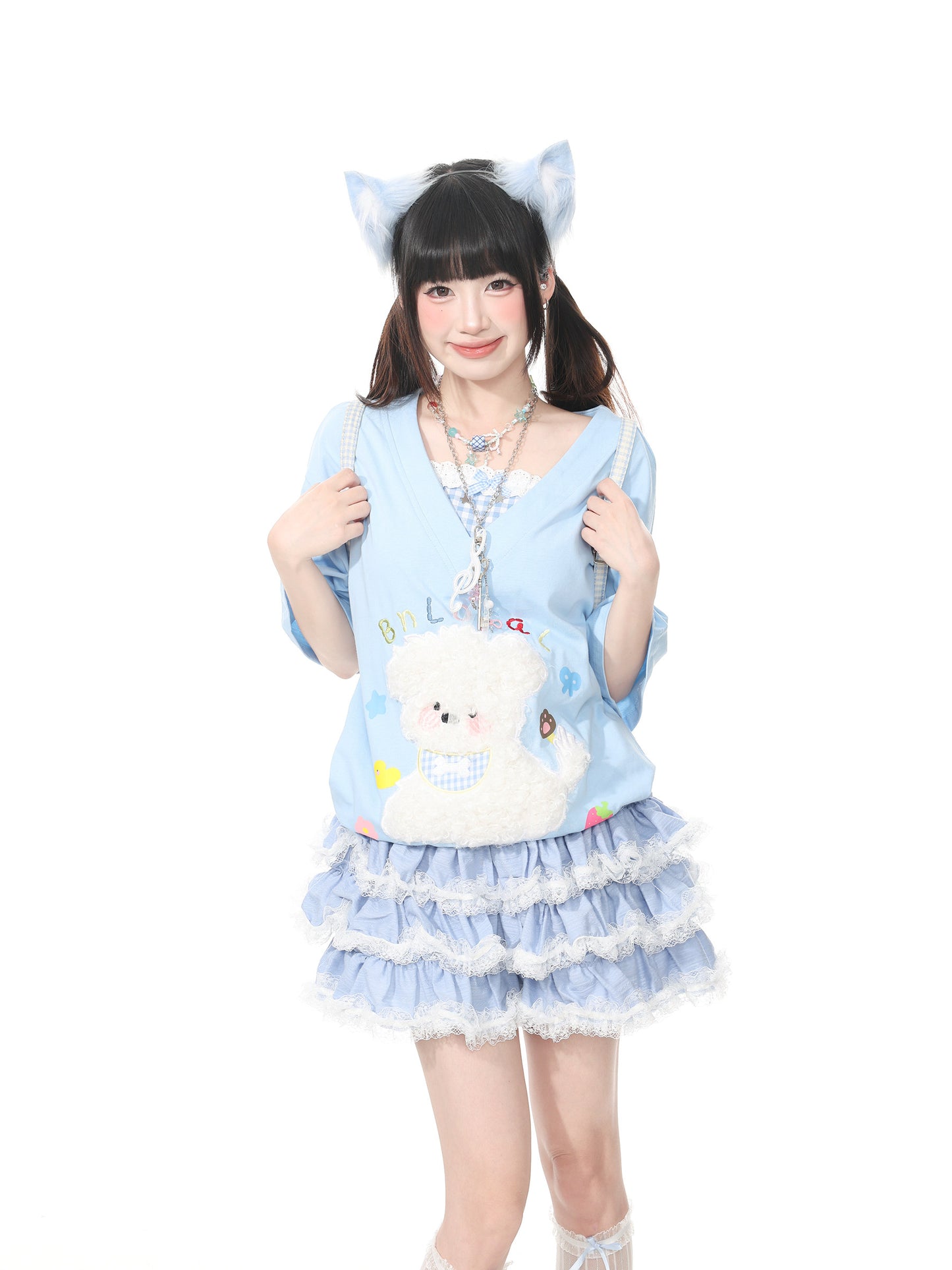 Languid Park - Dog Applique Bow V-Neck Tee tshirt Languid Park