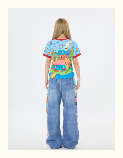 Robootoo - Blue Cartoon Town Print T-Shirt tshirt Robootoo