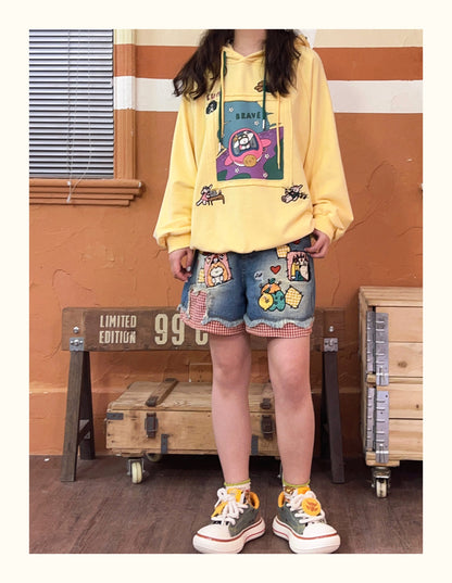 Robootoo - Embroidered High Waist Denim Shorts
