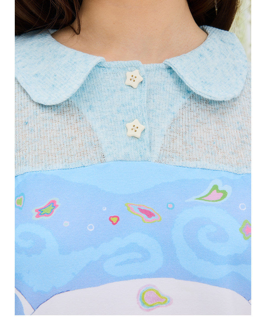 UnsocialNight - Cat Illustration Puff Sleeve Tee blouse UnsocialNight