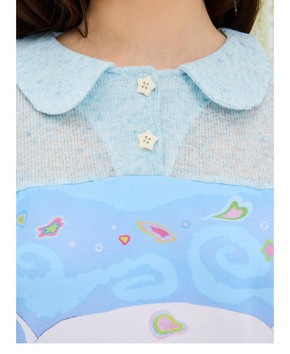 UnsocialNight - Cat Illustration Puff Sleeve Tee blouse UnsocialNight