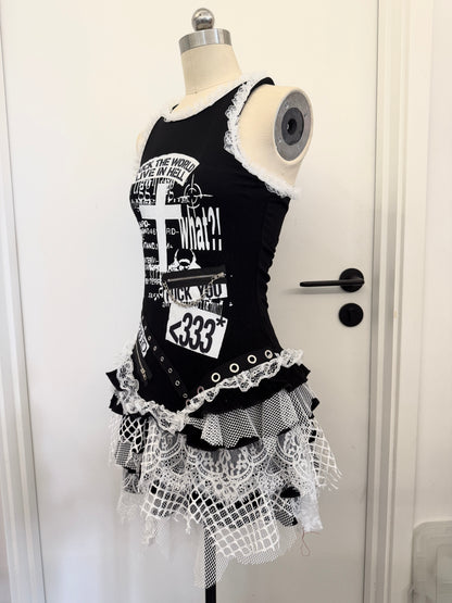 RedDevil朋克蕾丝不规则拼接背心连衣裙女亚文化视觉系背心裙 dress Red Devil