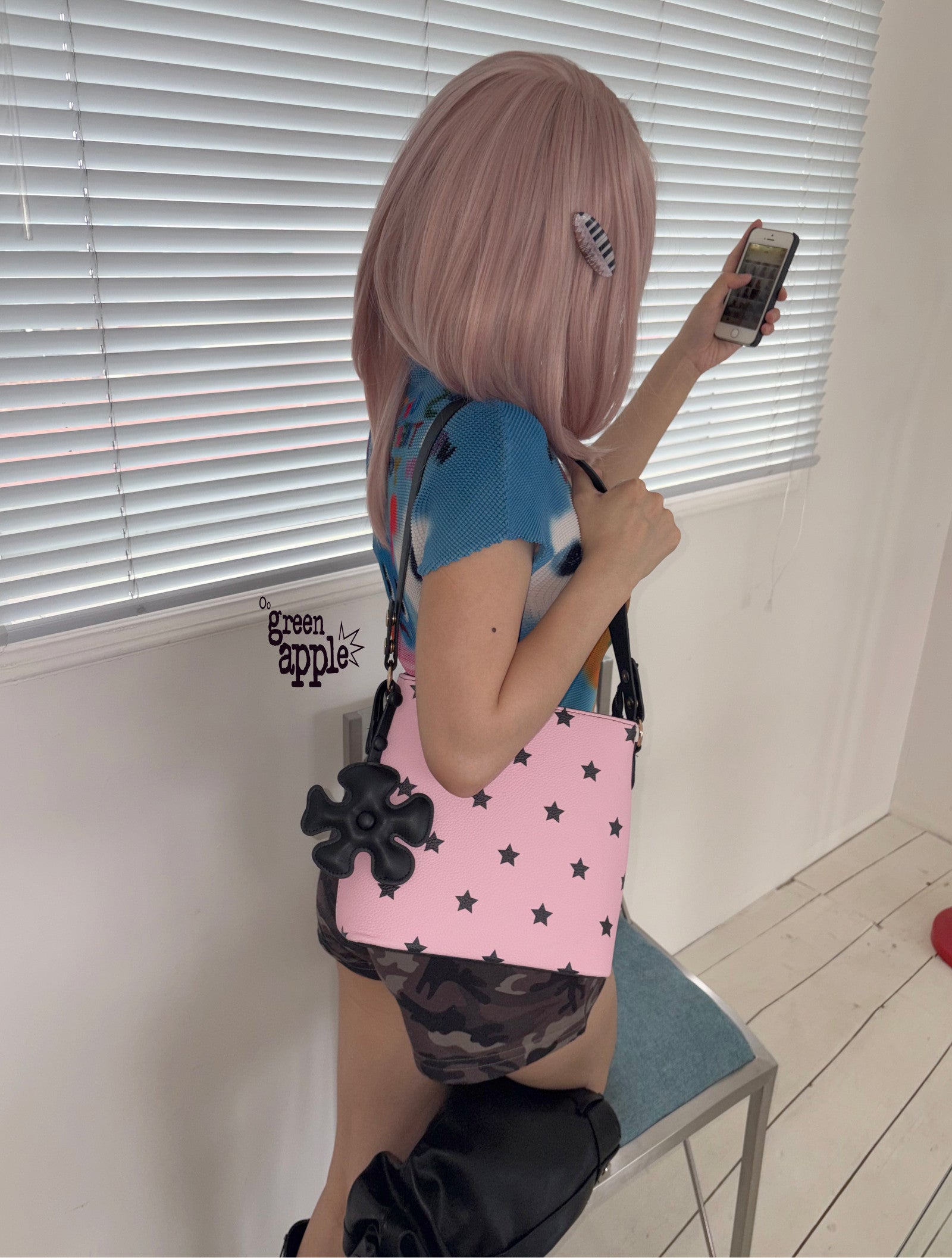 Oogreenapple - Pink Star Y2K Bucket Bag bag Oogreenapple