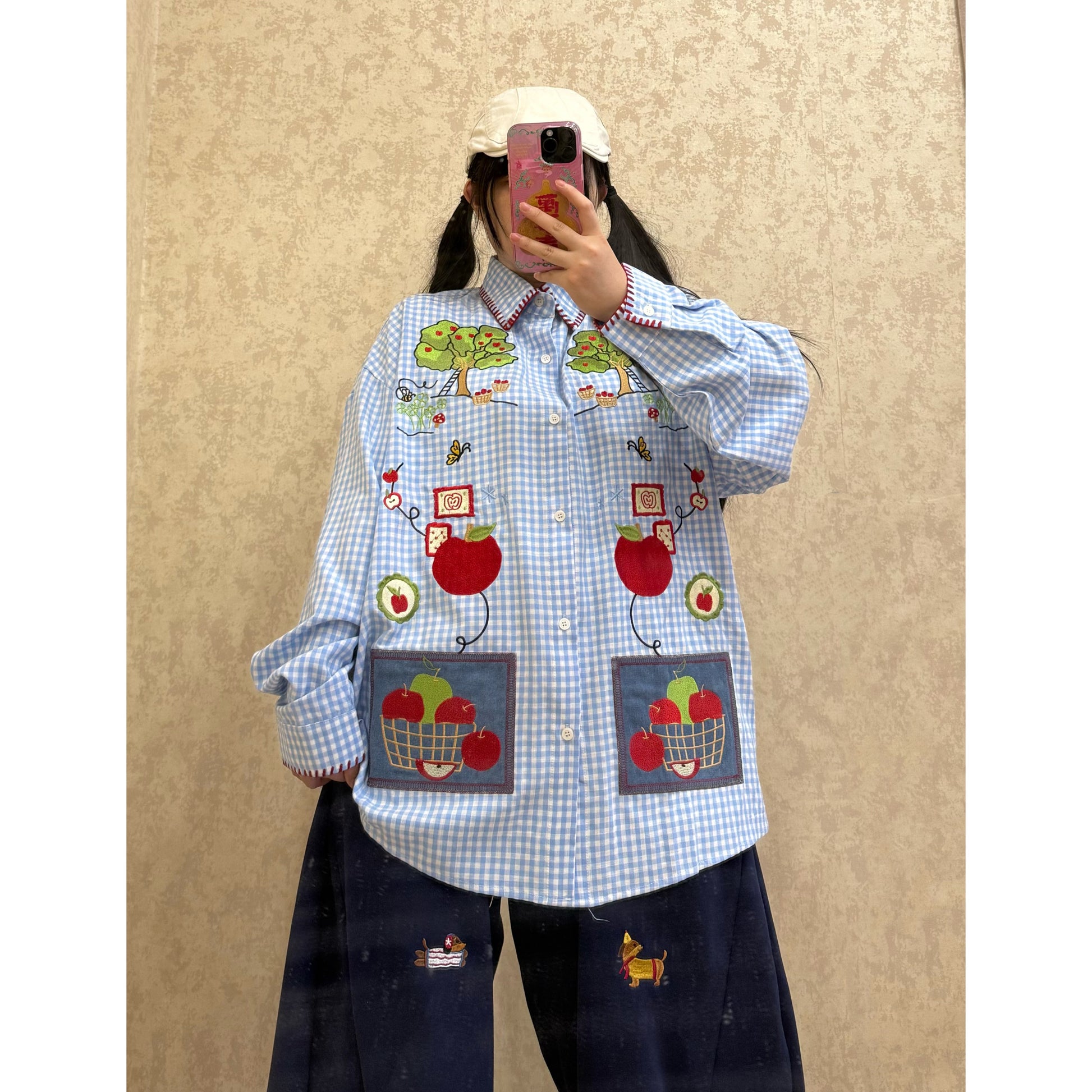 BIBULU - Kidcore Apple Embroidery Plaid Shirt shirt BIBULU