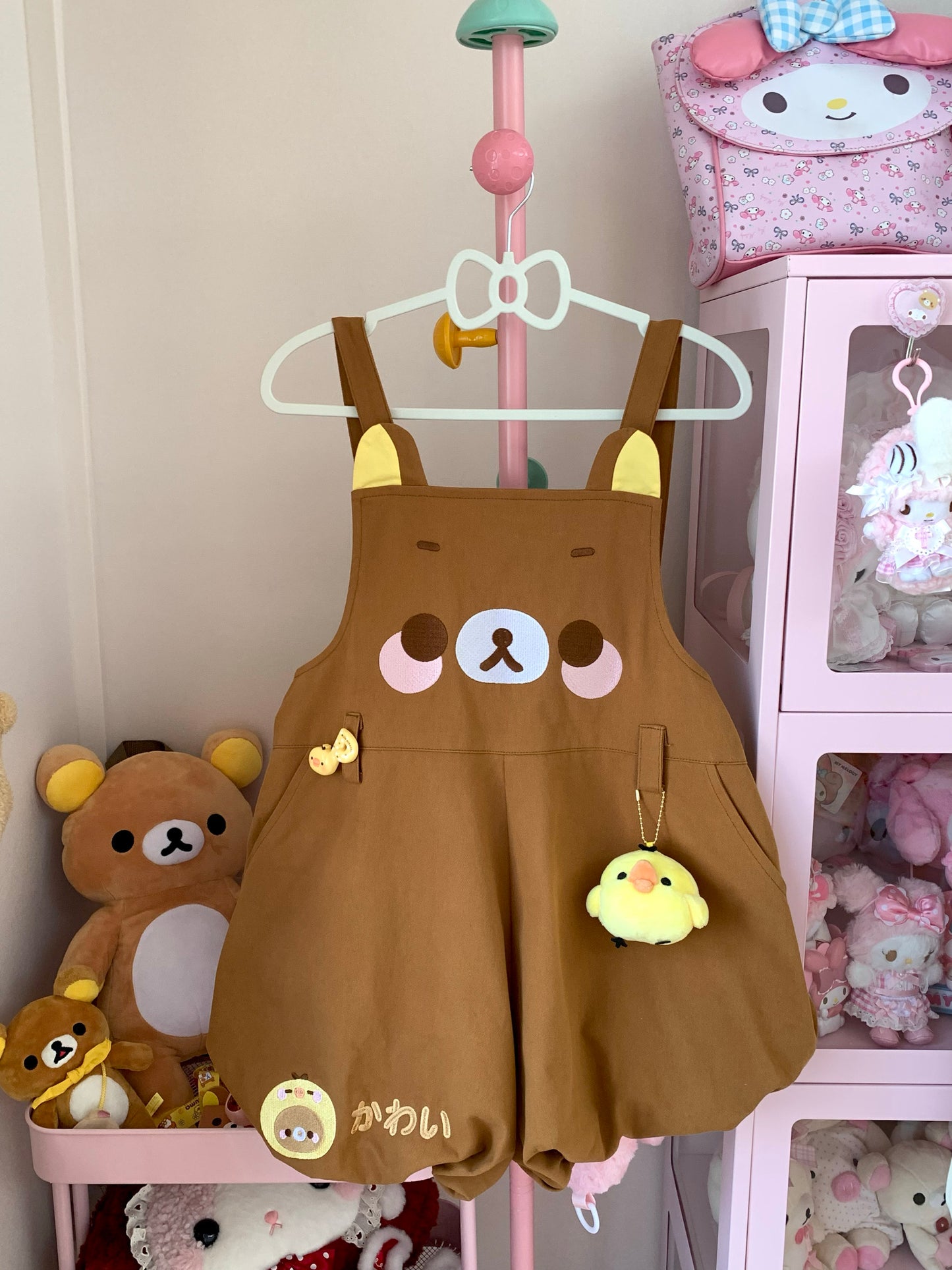 blurred bear - Bear Embroidery Short Overalls