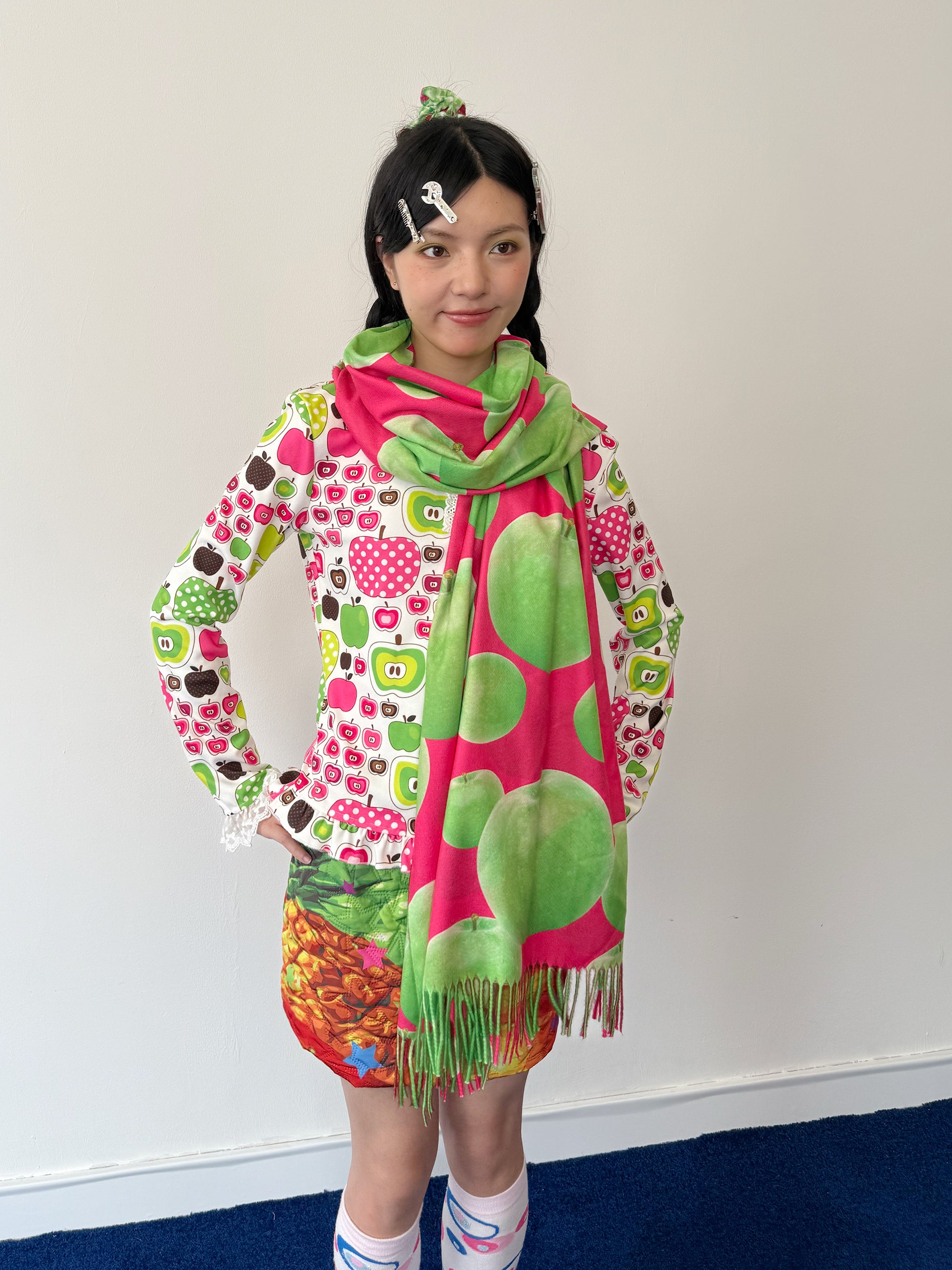 FRUITS - Kawaii Green Apple Print Fringe Scarf scarf Fruits