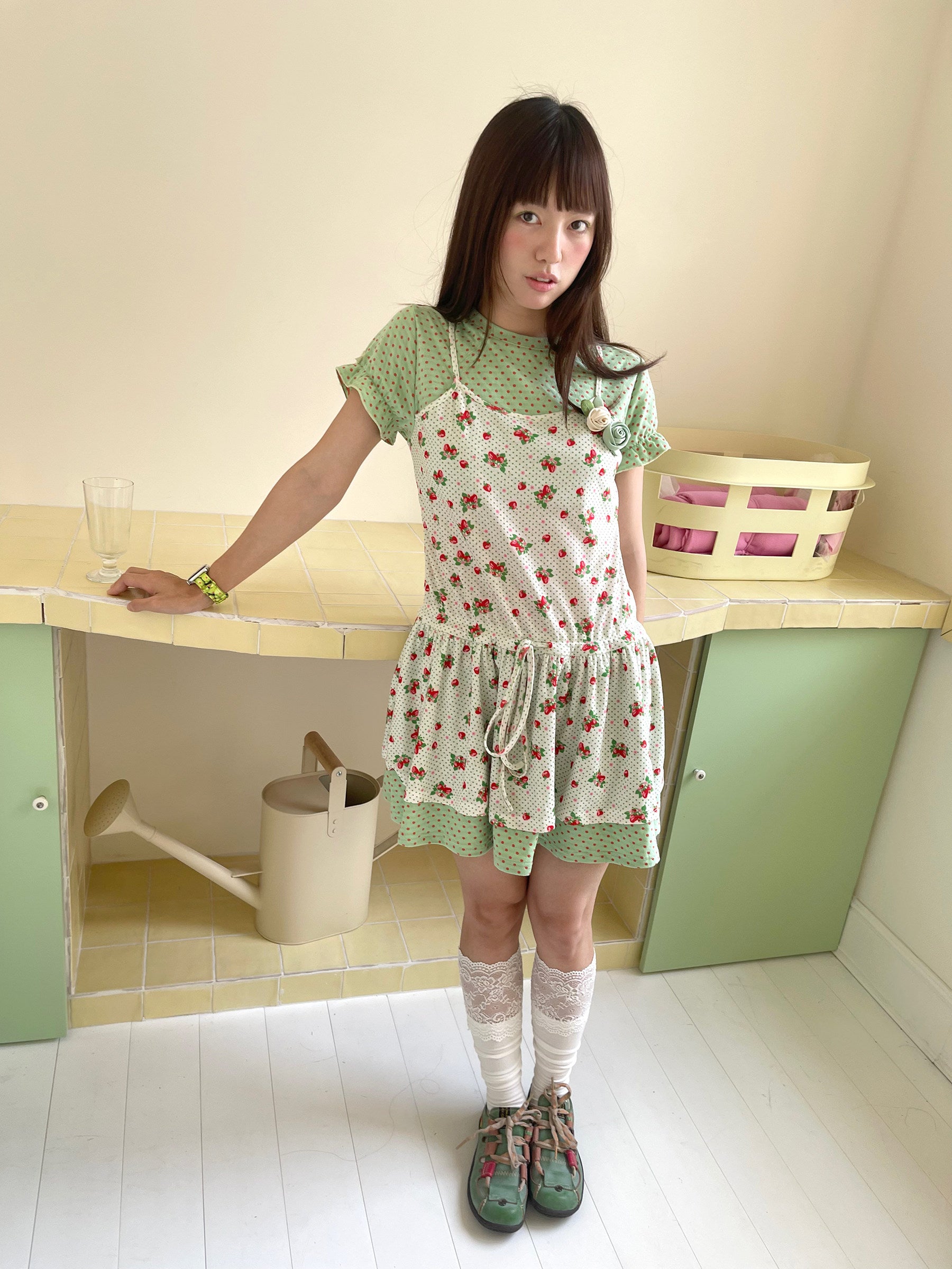 FRUITS - Mint Green Polka Dot Puff Sleeve Dress dress Fruits