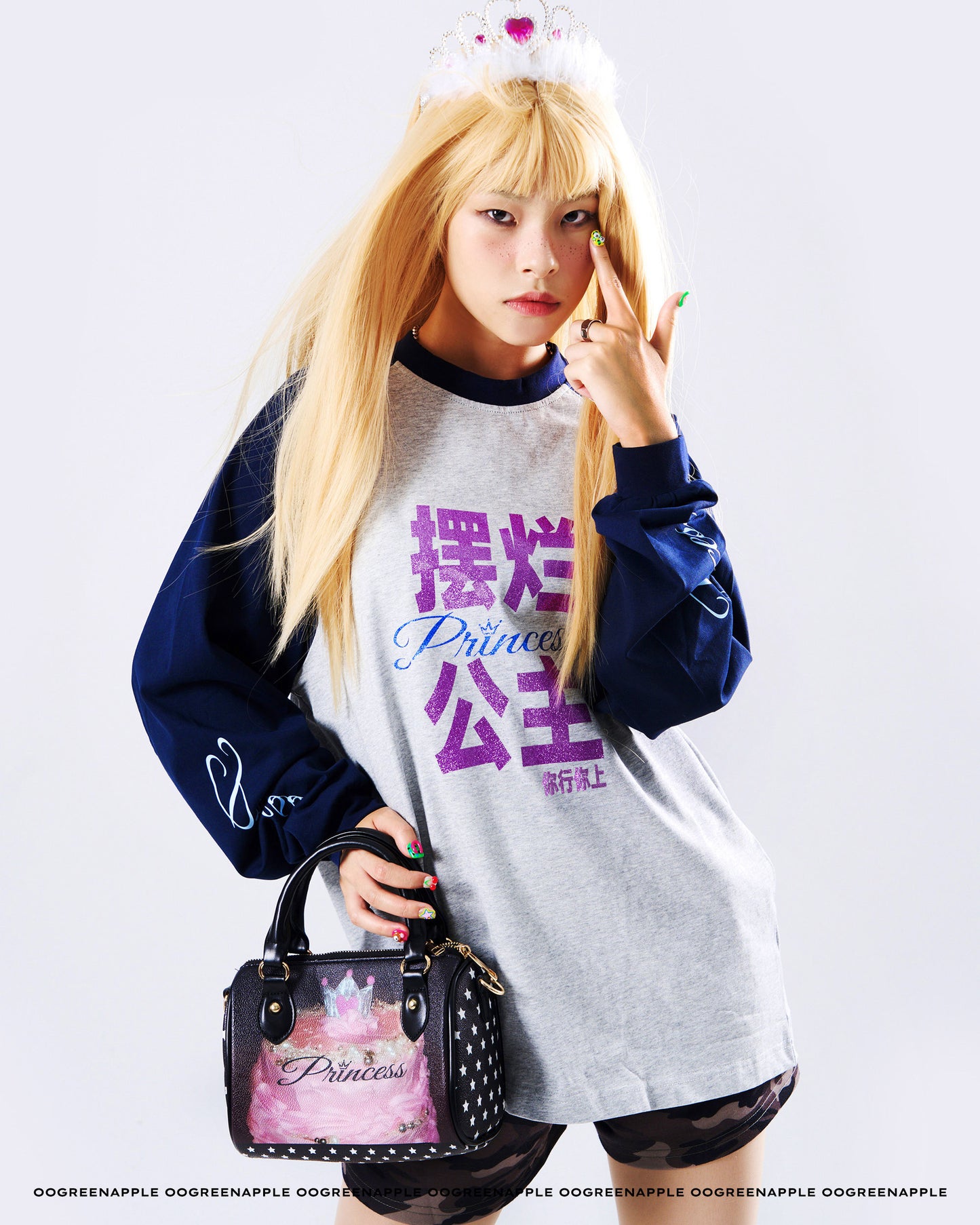 Oogreenapple - Glitter Print Raglan Long Sleeve Tee shirt Oogreenapple