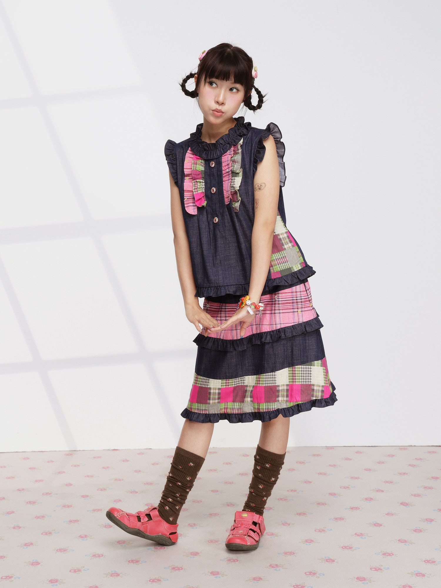 FRUITS - Pink Plaid Denim Vest Set set Fruits