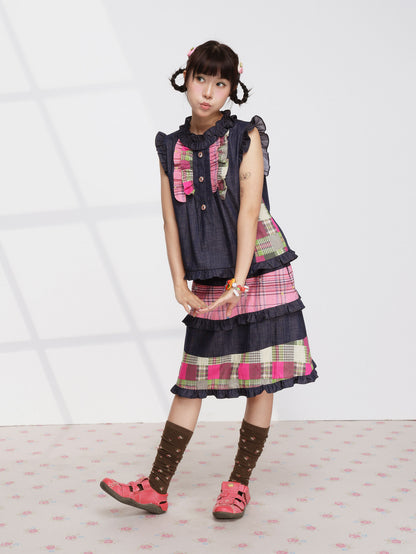 FRUITS - Pink Plaid Denim Vest Set set Fruits
