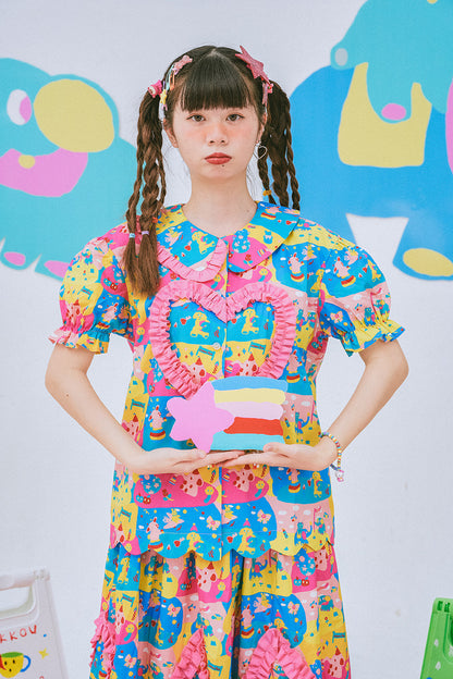 NIKKOU - Cute Print Puff Sleeve Shirt shirt Nikkou home