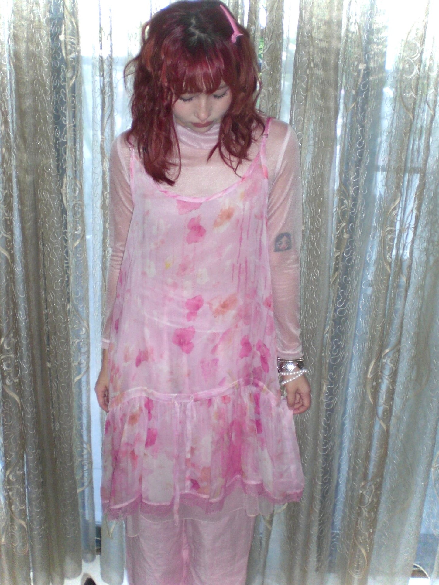 HIBABAO - Pink Floral Sheer Cami Dress dress HIBABAO