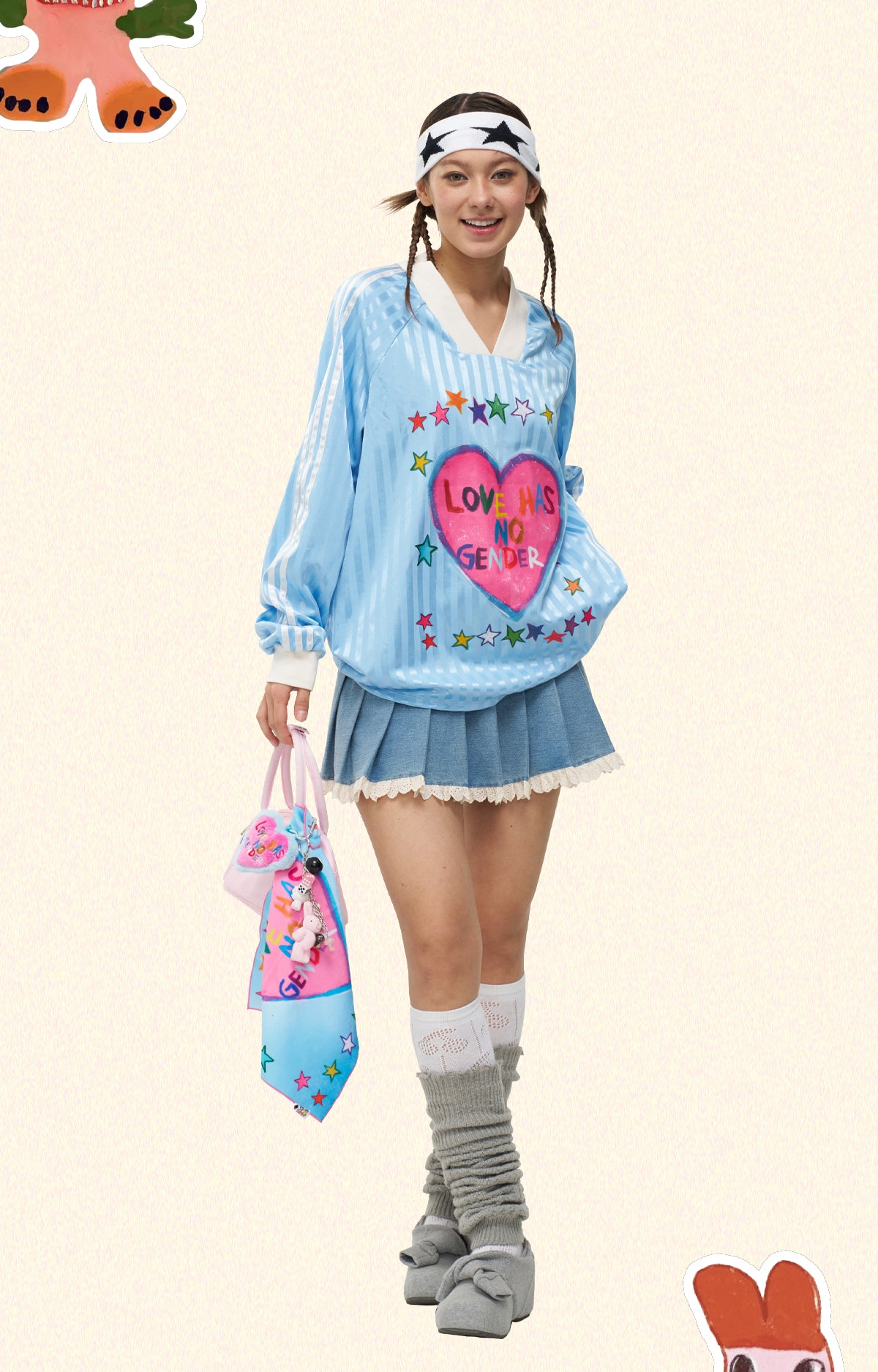 iscreamcolour MOF - Vintage Baseball Long Sleeve Tee Pink Heart Blue Stripe shirt iscreamcolour