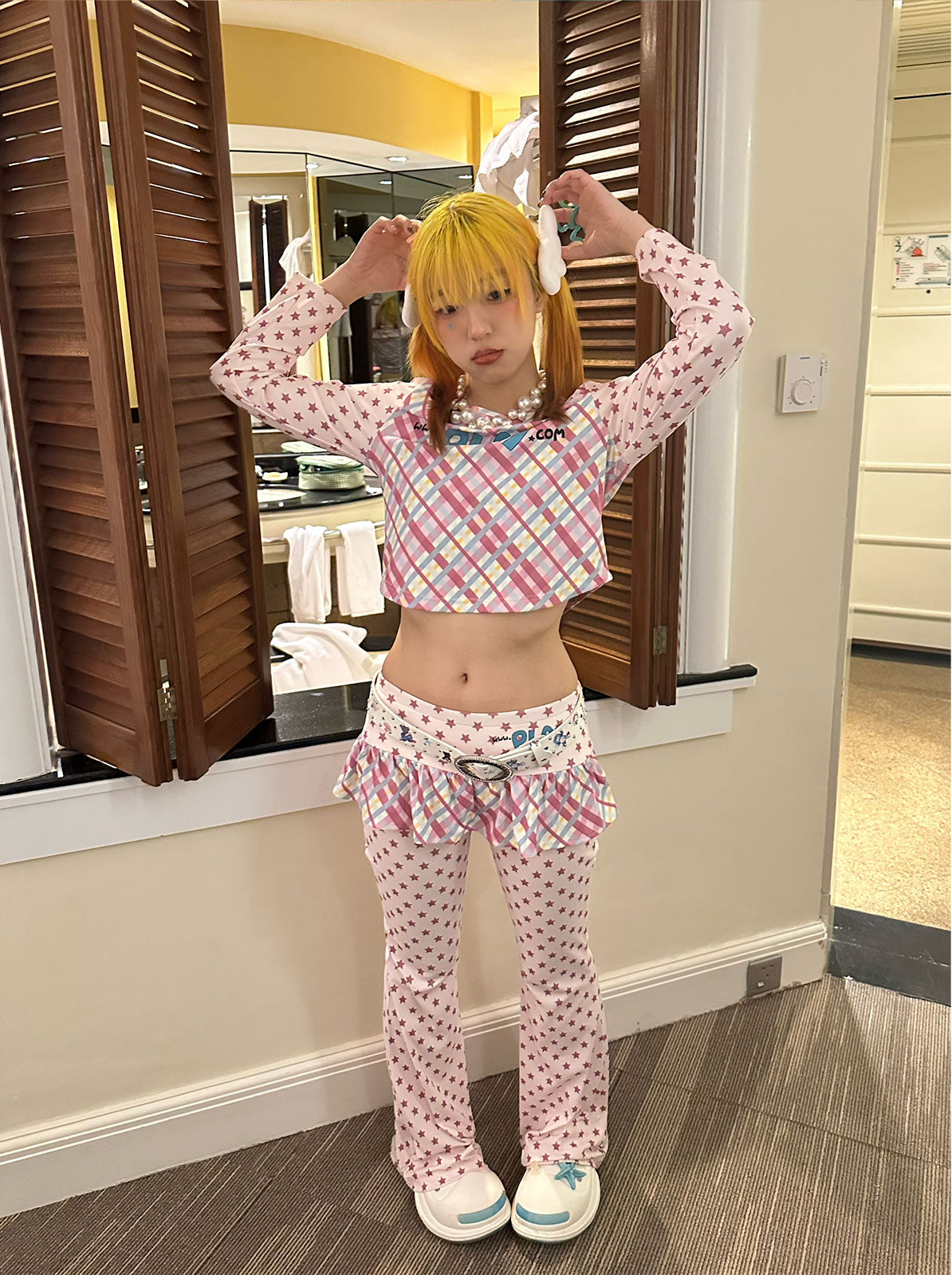 Loveplay - Y2K Flare Pants Star Patchwork Pleated Skirt Design pants loveplay