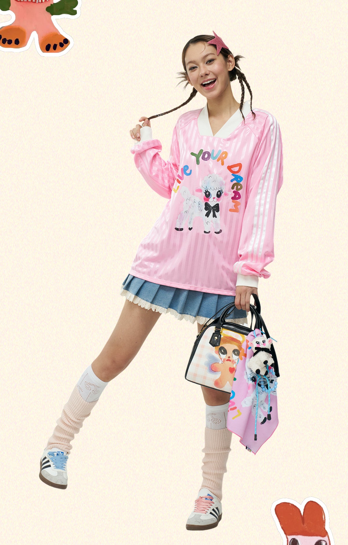 iscreamcolour MOF - Pink Sheep Print Baseball Long Sleeve Tee shirt iscreamcolour