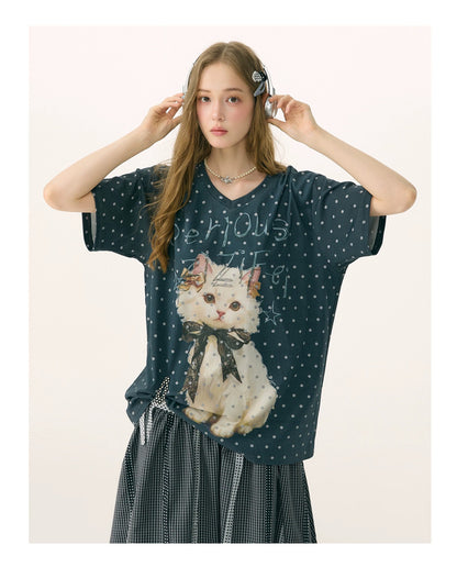 ziziFei - California Dream Cat Print V-Neck Tee tshirt ziziFei