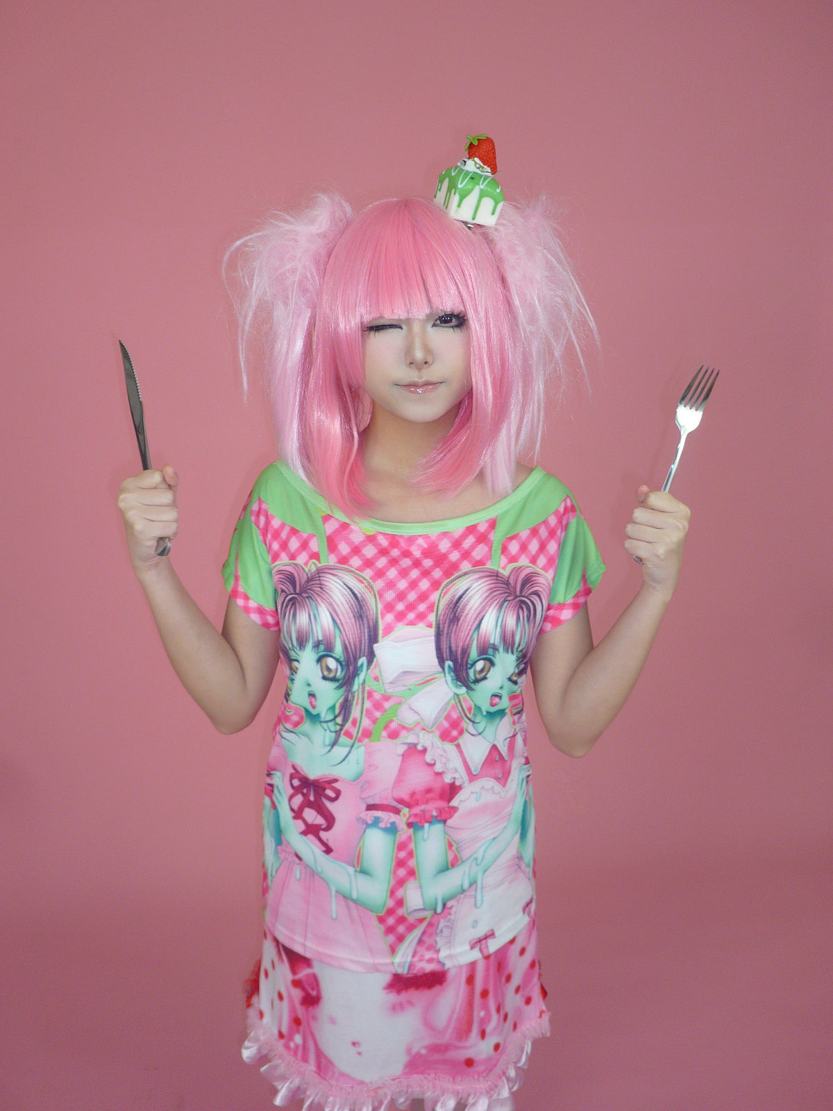 ki00bi00 - Zombie Strawberry Plaid Off Shoulder Top shirt ki00bi00