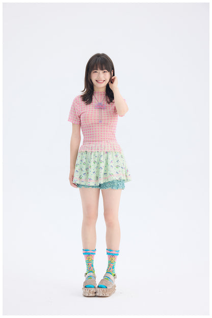 tntntutu - Pink Plaid Mesh Top | Fairy Kei Kawaii Harajuku Layering Shirt tshirt tntntutu