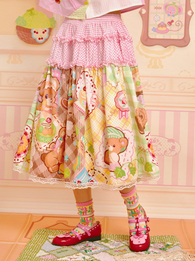 Lutra Jump - Decora Kei Bear Print Patchwork Skirt skirt Lutra Jump