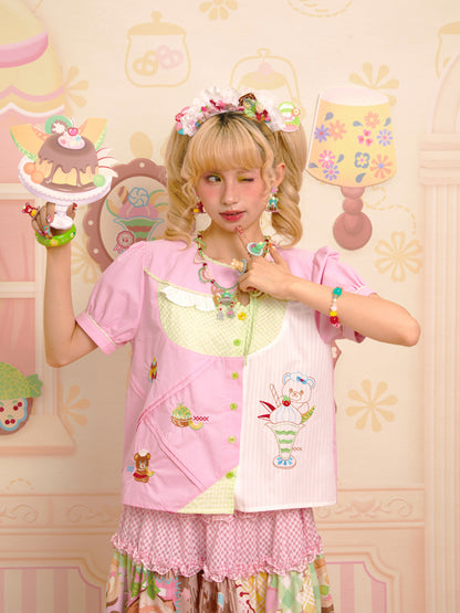 Lutra Jump - Decora Kei Pink Asymmetric Collar Embroidered Shirt shirt Lutra Jump