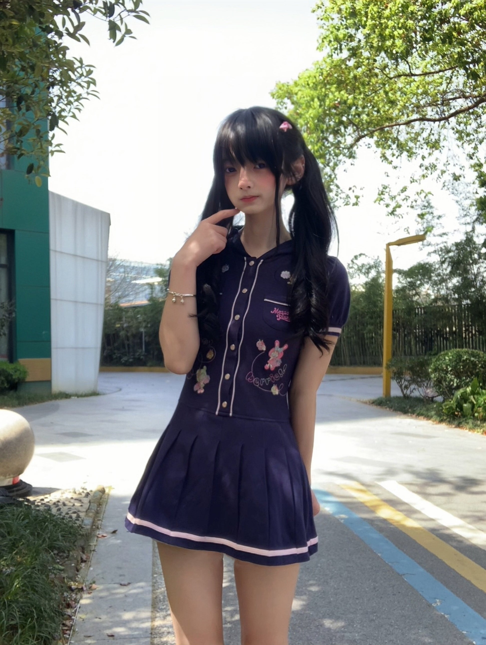 Bunny Planet - Navy Embroidered Hooded Pleated Dress dress bunnyplanet