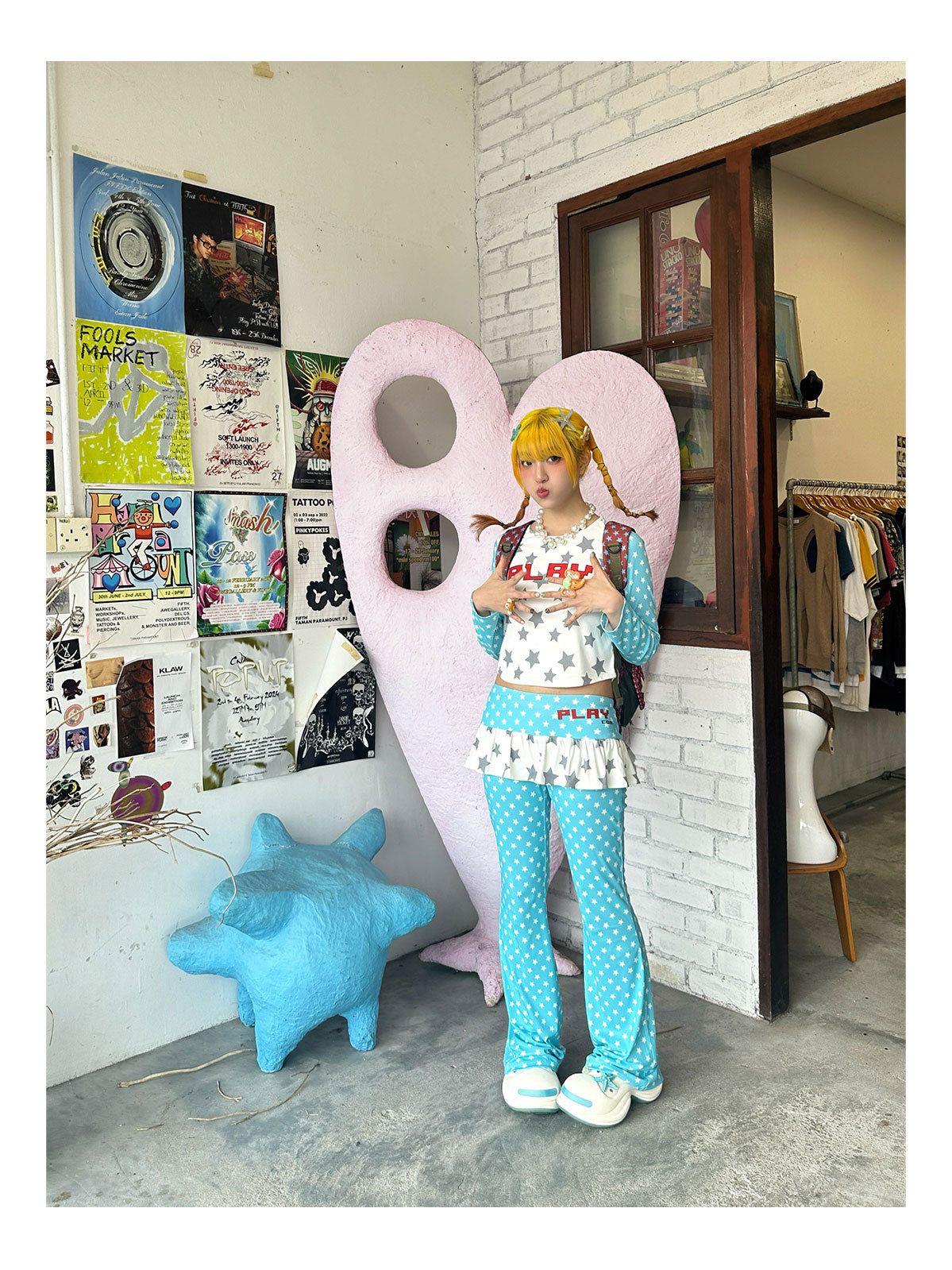 Loveplay - Y2K Flare Pants Star Patchwork Pleated Skirt Design pants loveplay