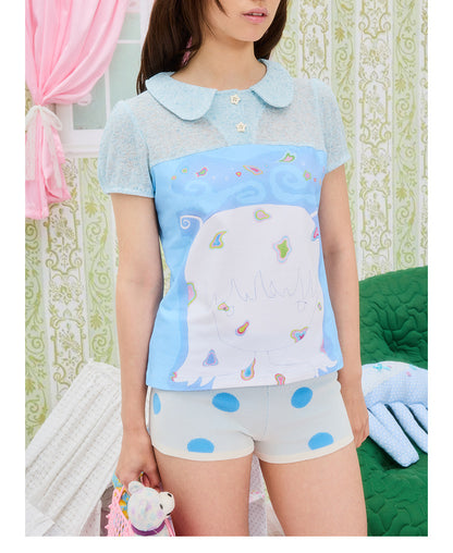 UnsocialNight - Cat Illustration Puff Sleeve Tee blouse UnsocialNight