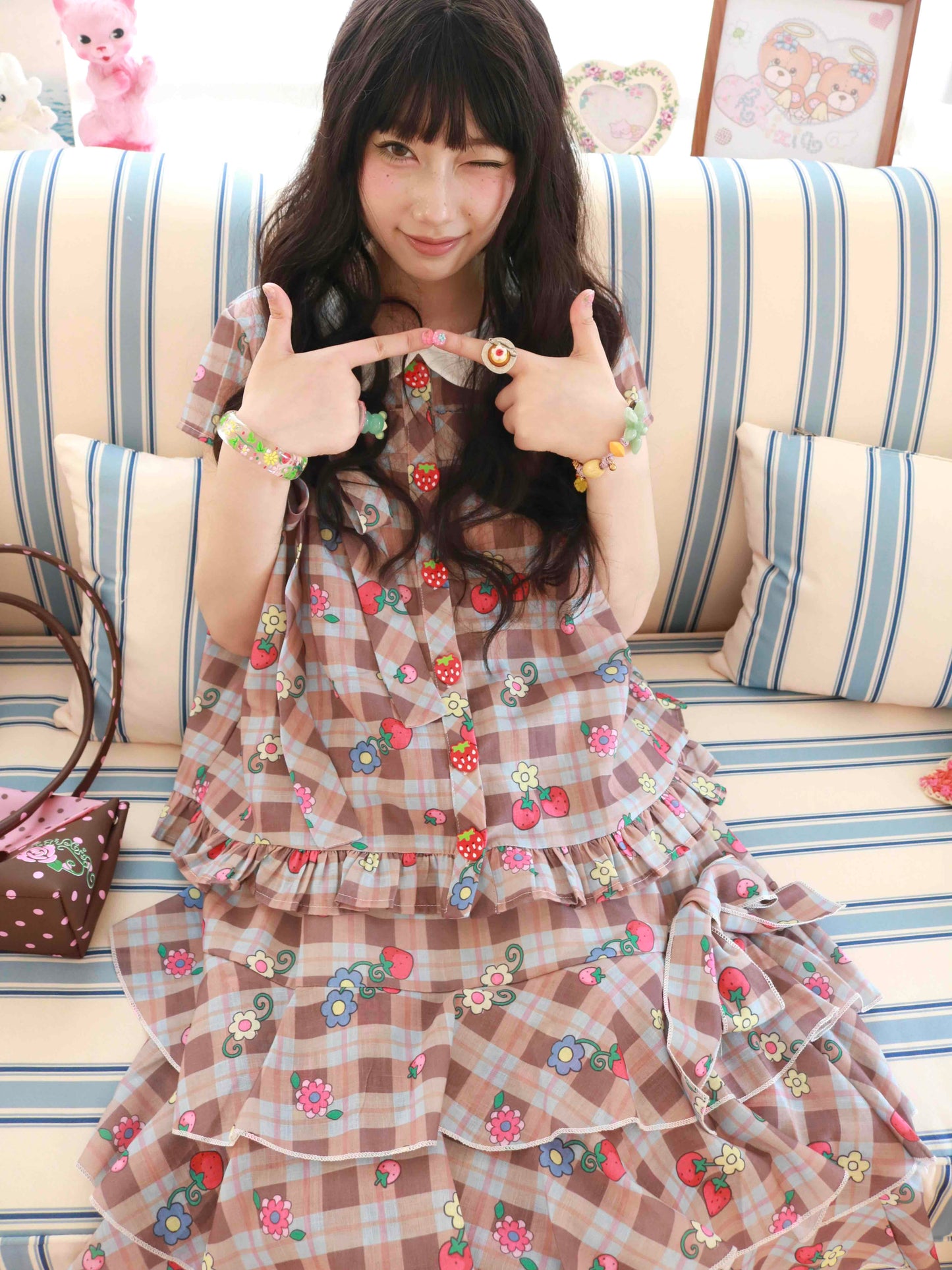 KaiXin Hostel - Strawberry Plaid Bow Shirt Set set KaiXin hostel