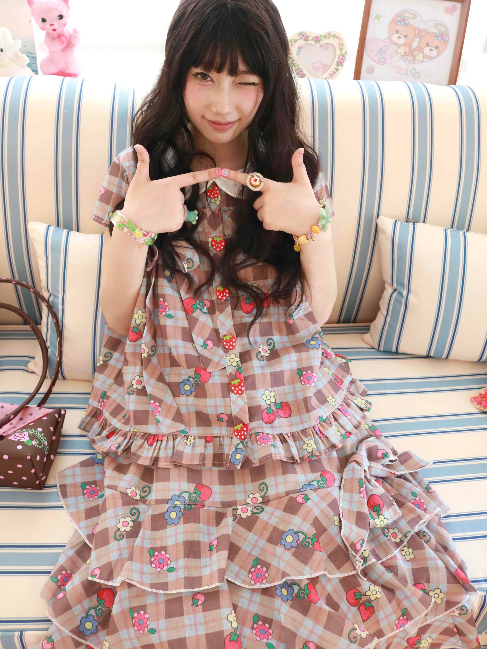 KaiXin Hostel - Strawberry Plaid Bow Shirt Set set KaiXin hostel