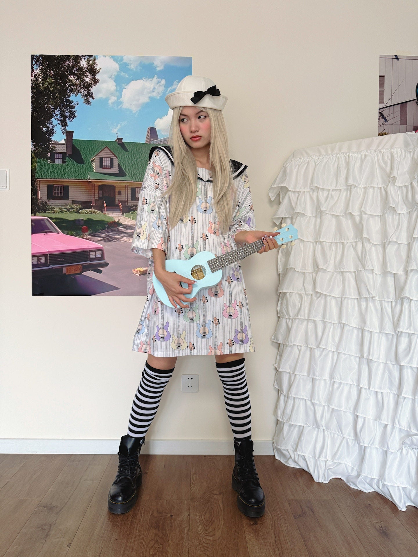 Bunnybunnygun - Guitar Sailor Collar T-Shirt Dress dress bunnybunnygun