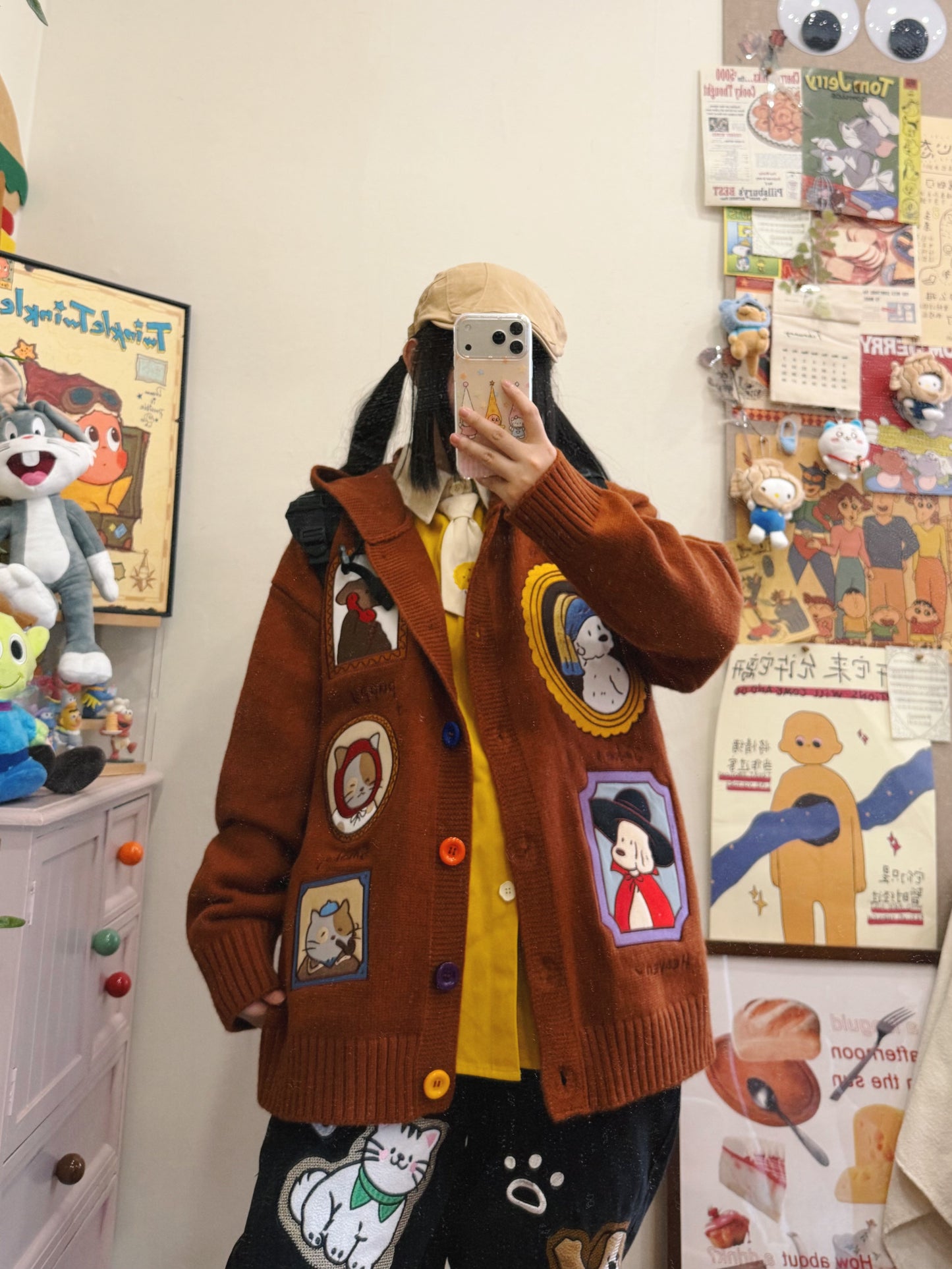 BIBULU - Kidcore Cartoon Embroidered Knit Cardigan Oversized Cozy cardigan BIBULU Coffee M