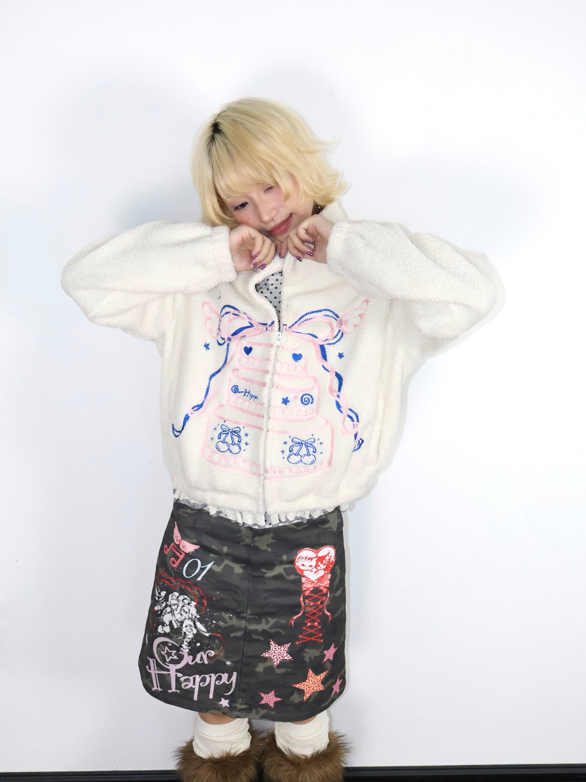OurHappy - Cake Embroidered Fleece Jacket coat Our Happy