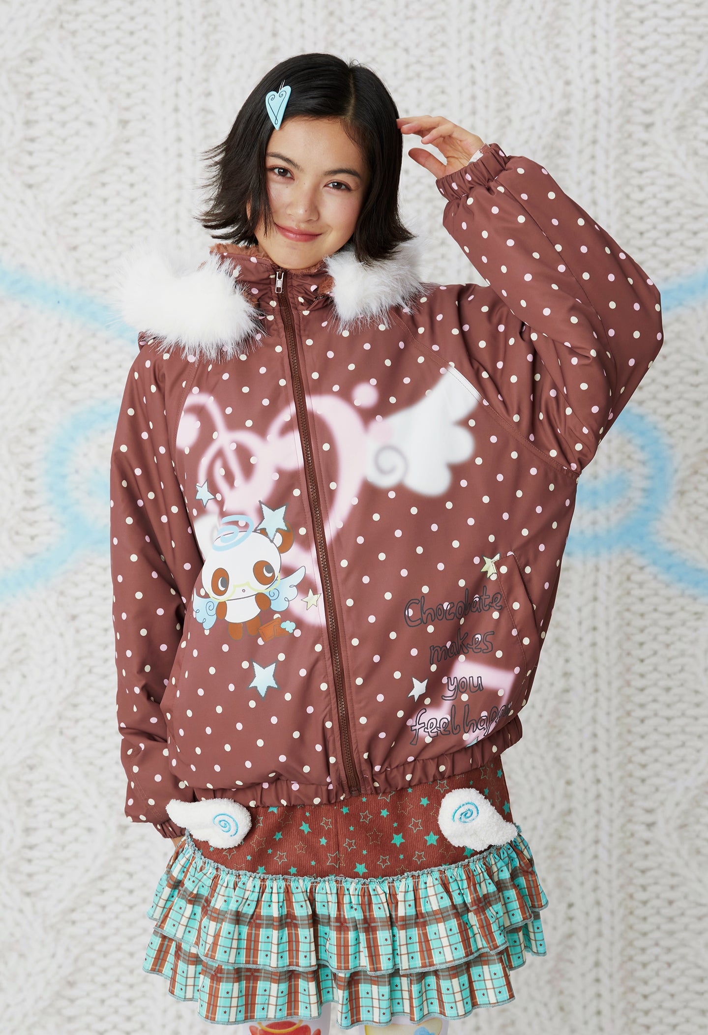 frufru - Kawaii Blue Brown Printed Hooded Jacket Warm Plush-Lined Winter Coat coat frufru Brown S