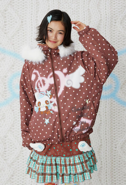 frufru - Kawaii Blue Brown Printed Hooded Jacket Warm Plush-Lined Winter Coat coat frufru Brown S