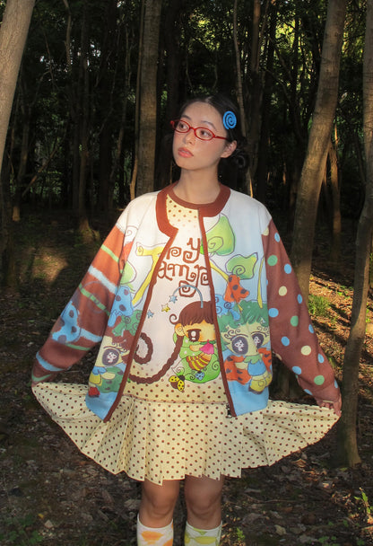 FruFru - Kawaii Knit Cardigan Blue Brown Printed Sweater cardigan frufru