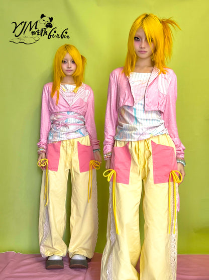 YJM with biubiu Pink Polka Dot Jacket | Striped Patchwork Tie-Up Short Jacket jacket YJM with biubiu