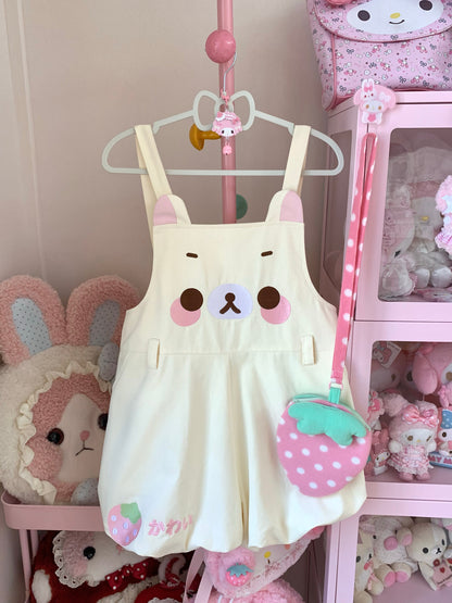 blurred bear - Bear Embroidery Short Overalls