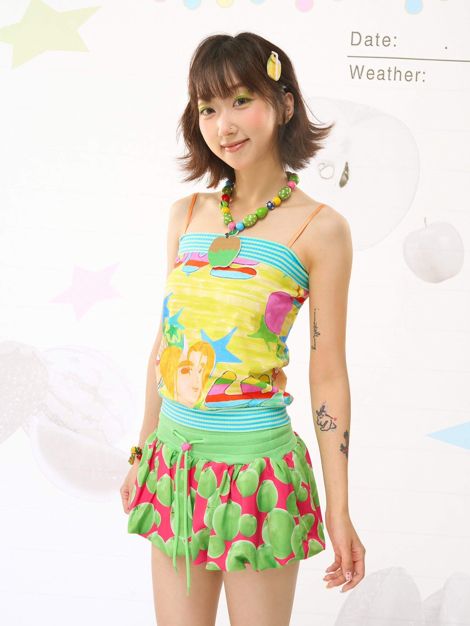 FRUITS Illustration‑Print Cami | Bandeau Cami Top | Stretch Knit tank top Fruits