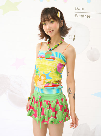 FRUITS Illustration‑Print Cami | Bandeau Cami Top | Stretch Knit tank top Fruits