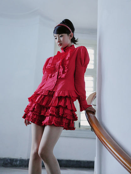 Nanjun Vintage - Lace Puff Sleeve Blouse & Cake Skirt Set set Nanjun Vintage