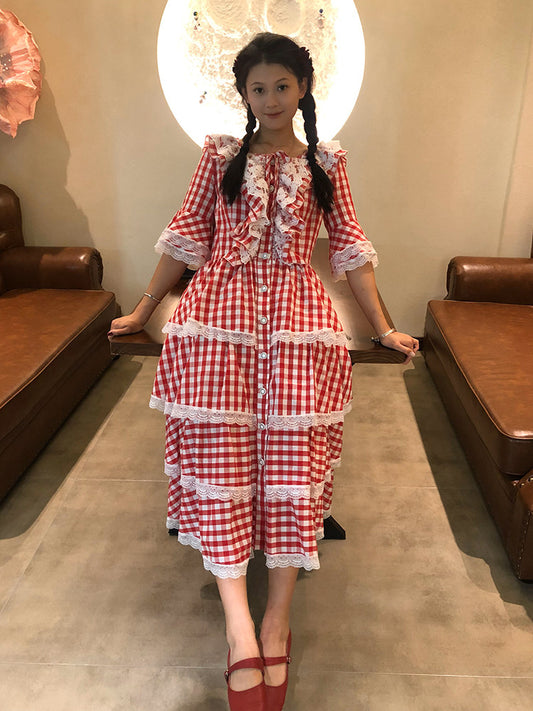Nanjun Vintage - Red Plaid Lolita Cake Dress dress Nanjun Vintage