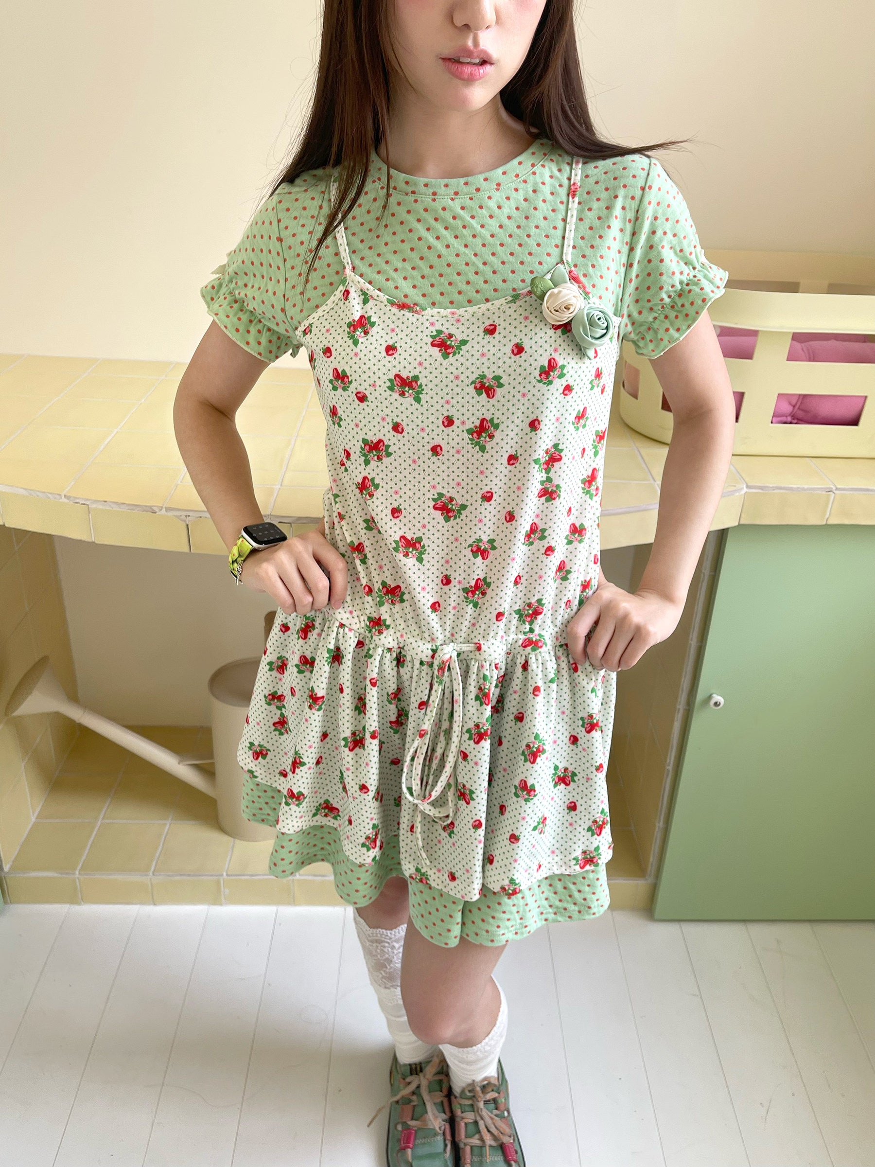 FRUITS - Mint Green Polka Dot Puff Sleeve Dress dress Fruits