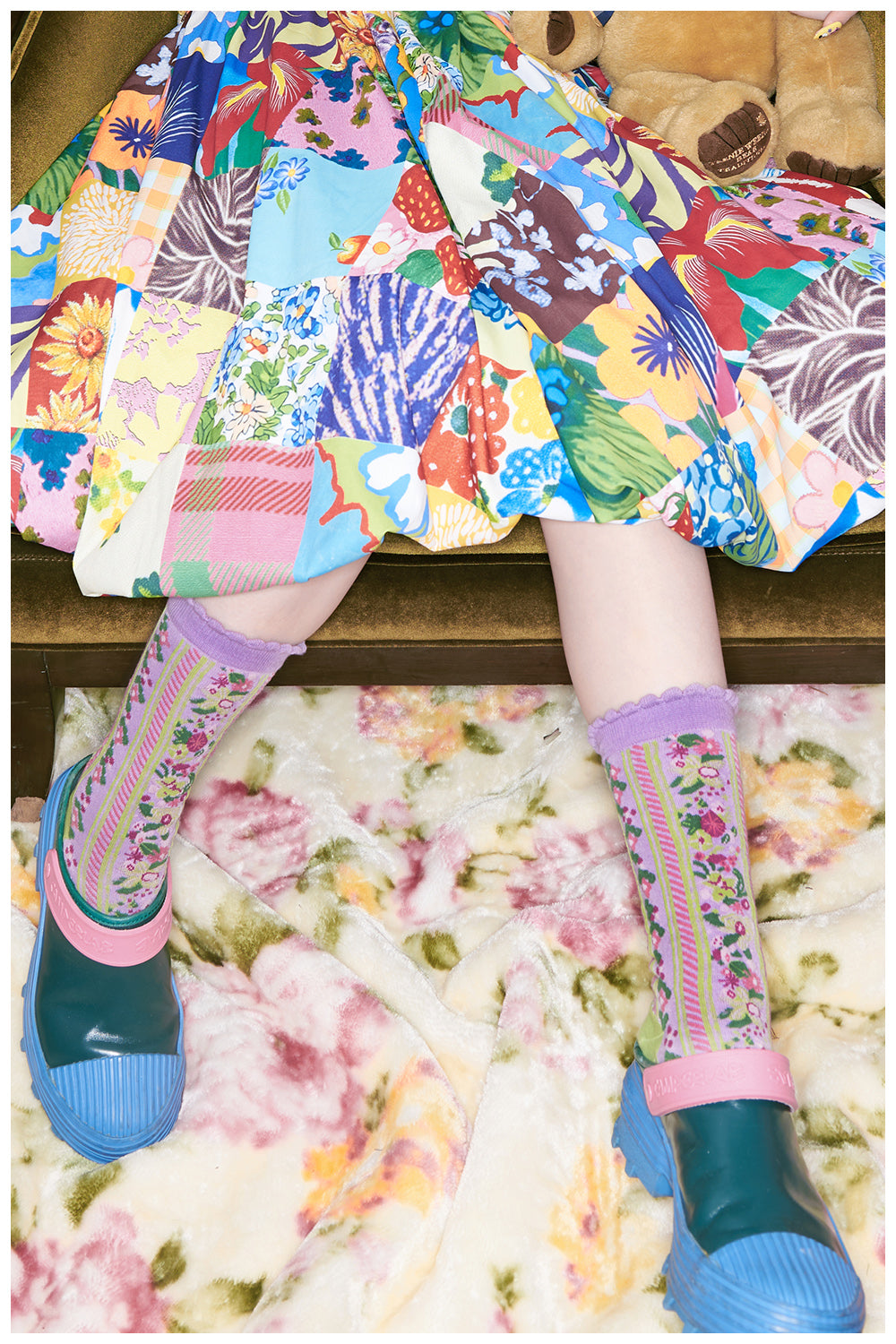 tntntutu - Purple Striped Floral Mid-Calf Socks sock tntntutu