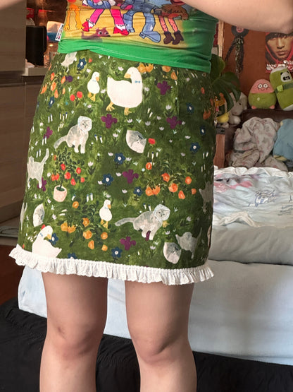 Romantic Rimande Café - Cat Print Green A-Line Skirt
