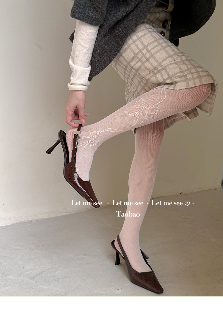 LET ME SEE - Y2K Bow Lace Tights Subculture Mesh Pantyhose tights let me see White