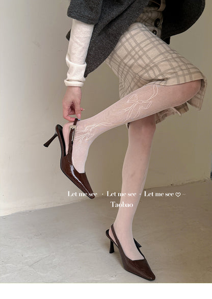 LET ME SEE - Y2K Bow Lace Tights Subculture Mesh Pantyhose tights let me see White