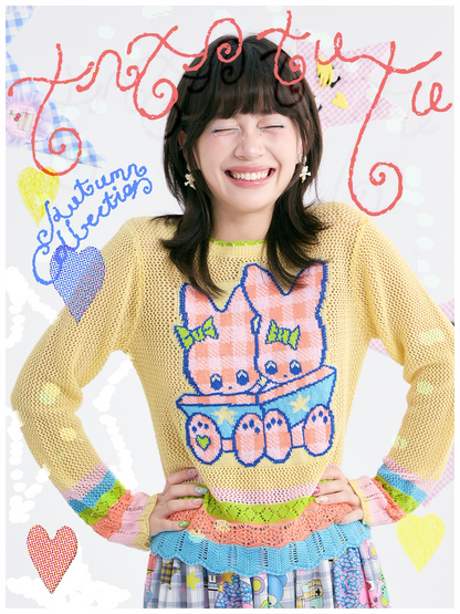 tntntutu - Yellow Bunny Jacquard Open Knit Sweater sweater tntntutu