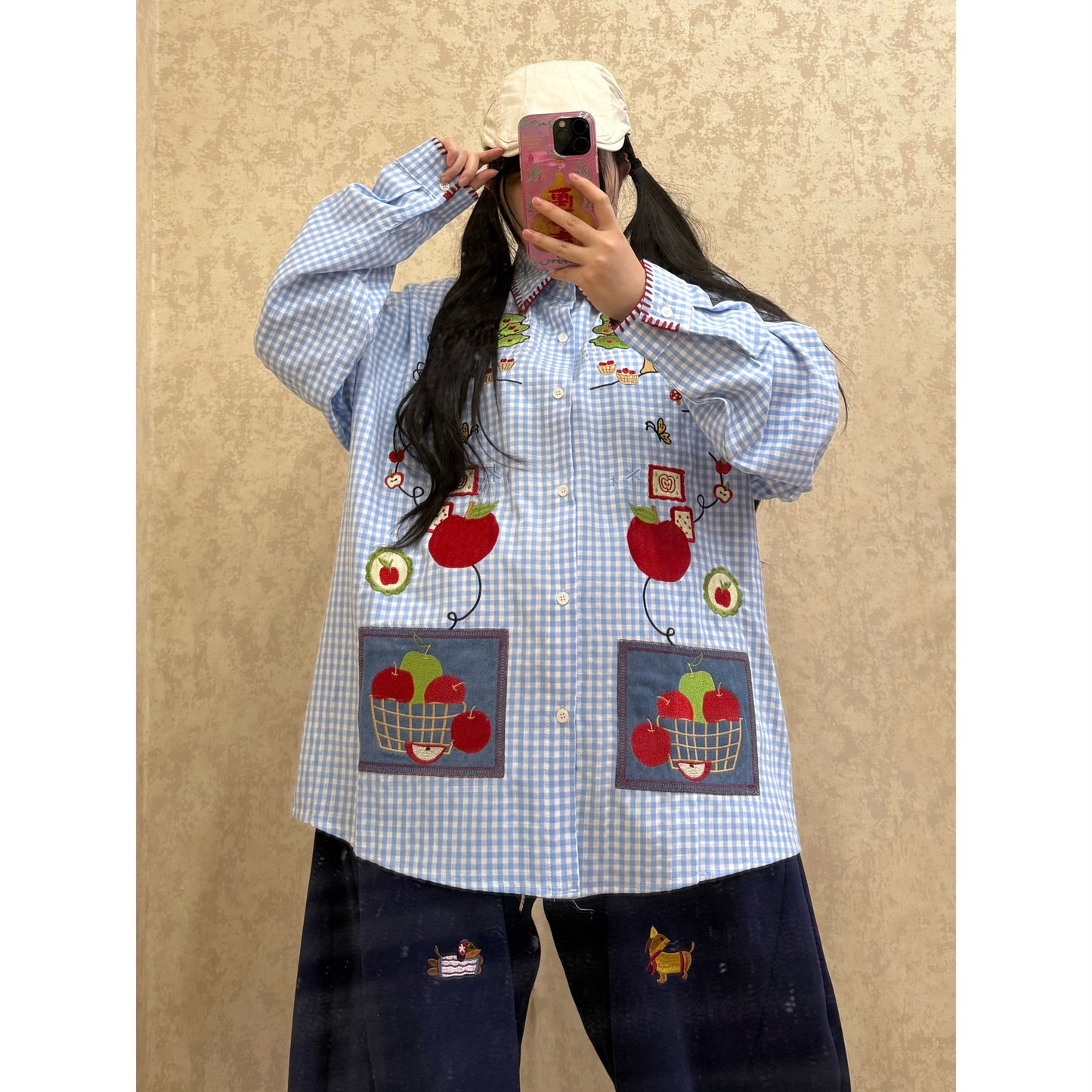 BIBULU - Kidcore Apple Embroidery Plaid Shirt shirt BIBULU