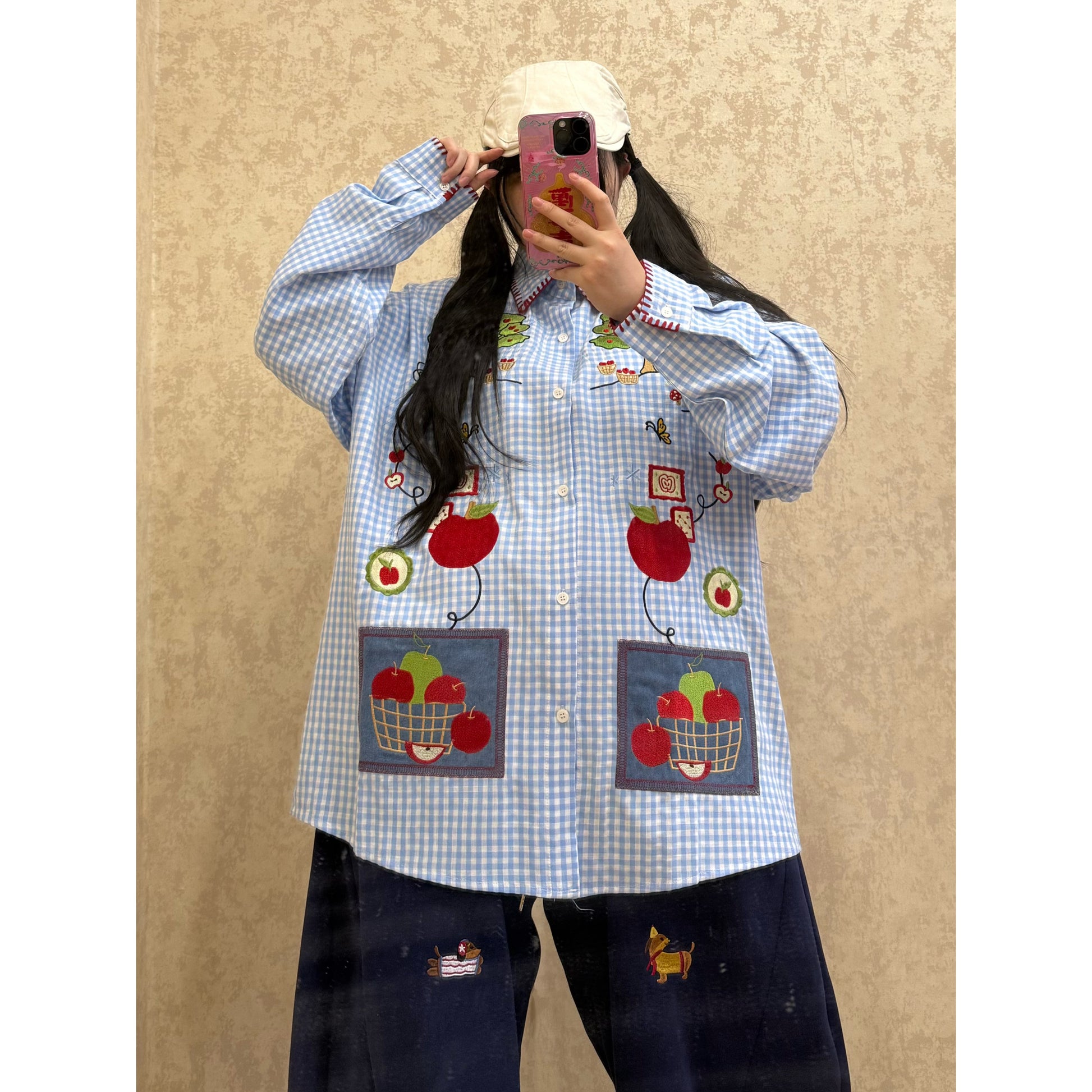 BIBULU - Kidcore Apple Embroidery Plaid Shirt shirt BIBULU